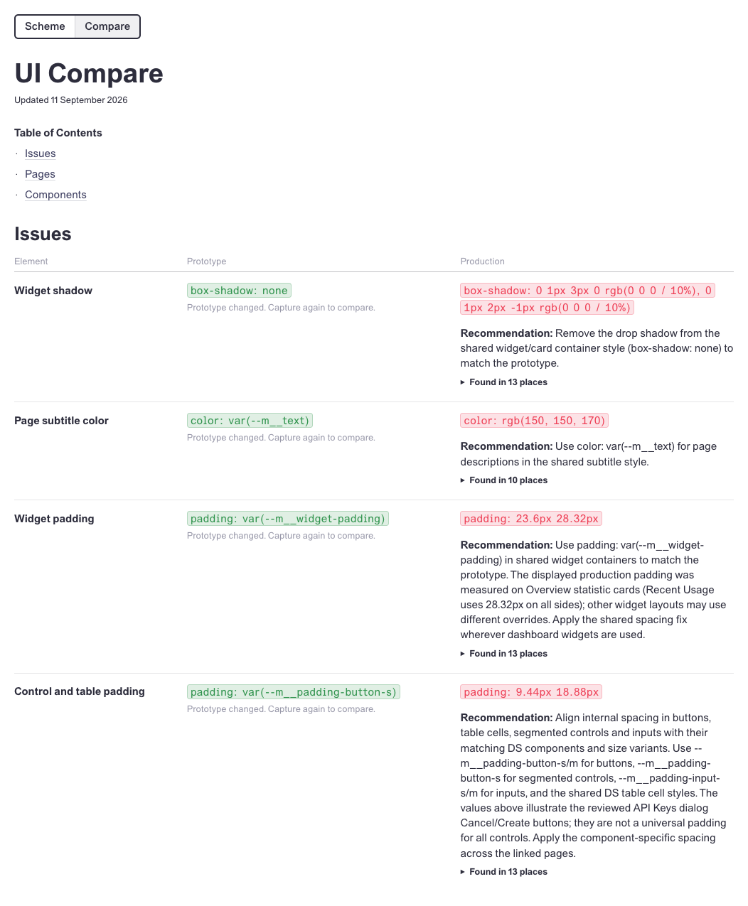 UI Compare: prototype and production values, recommendations, and affected screens